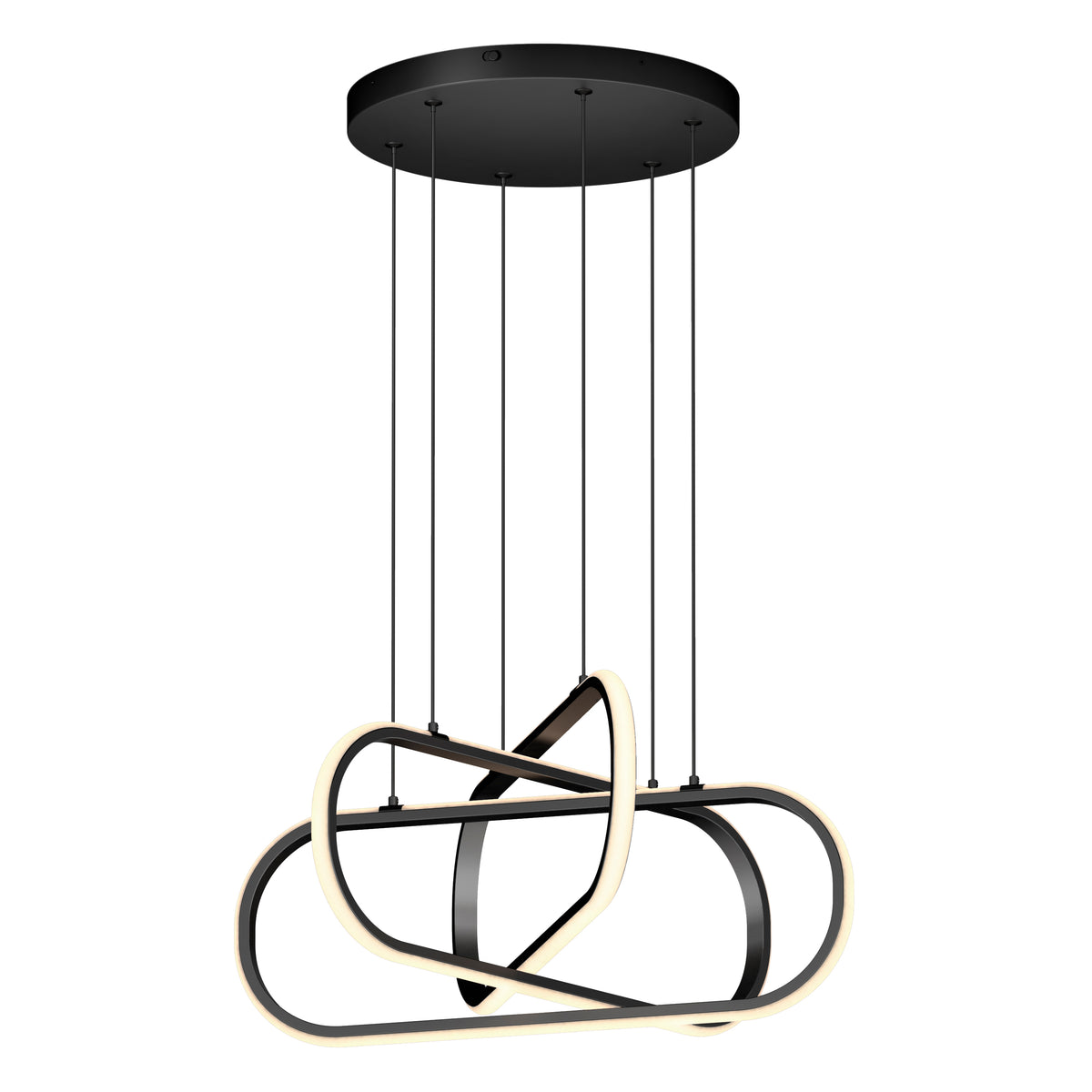 Modern black ceiling pendant light with three intertwined, abstract LED loops suspended by six thin cables from a round black ceiling mount. The loops emit a soft, white glow along their inner edges.