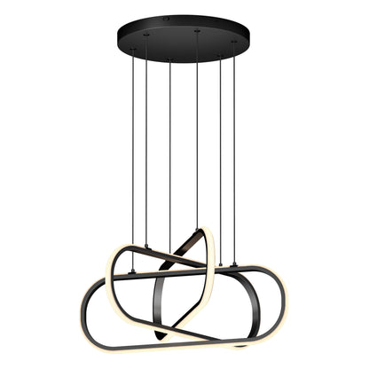 The Lewis modern LED pendant light 3 CCT by Artika features intertwined black metal loops with built-in LEDs, suspended by six thin black cords from a round ceiling mount, shown against a white background.