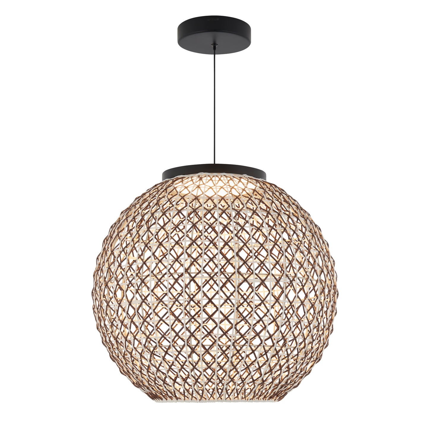 The Artika Benson LED pendant light 5 CCT features a spherical, woven brown lattice shade and a black cord with ceiling mount. Its warm glow shines through the open crisscross design, adding style to any space.
