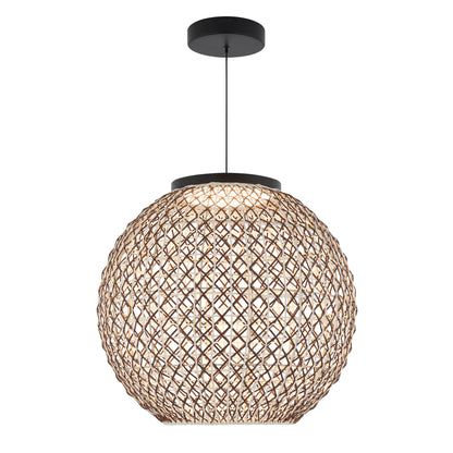 The Artika Benson LED pendant light 5 CCT features a spherical, woven brown lattice shade and a black cord with ceiling mount. Its warm glow shines through the open crisscross design, adding style to any space.