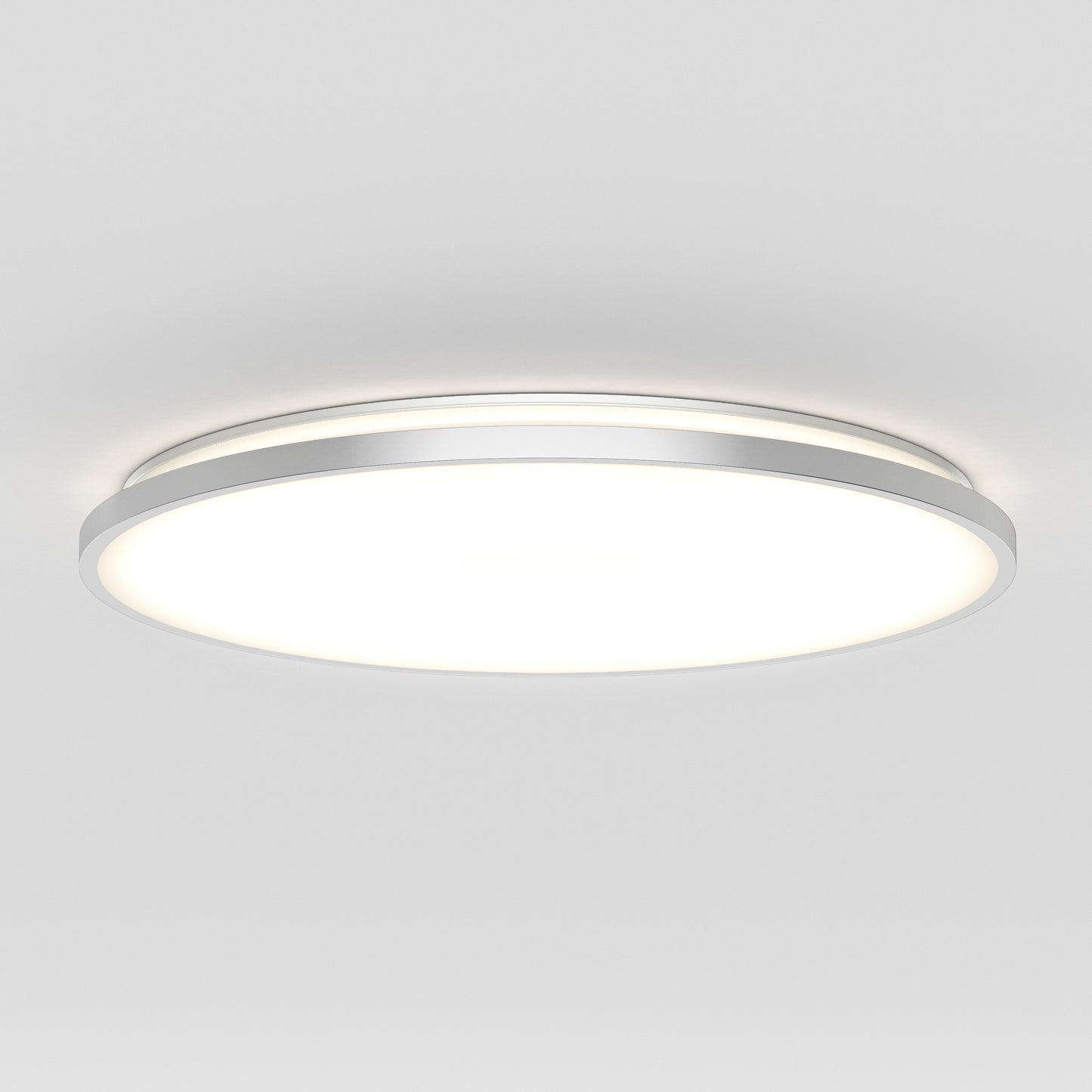 The Artika Europa 21 in. LED modern flush mount light features a sleek, white circular frame and mounts on the ceiling, emitting a bright, even glow. Includes remote control for convenience.