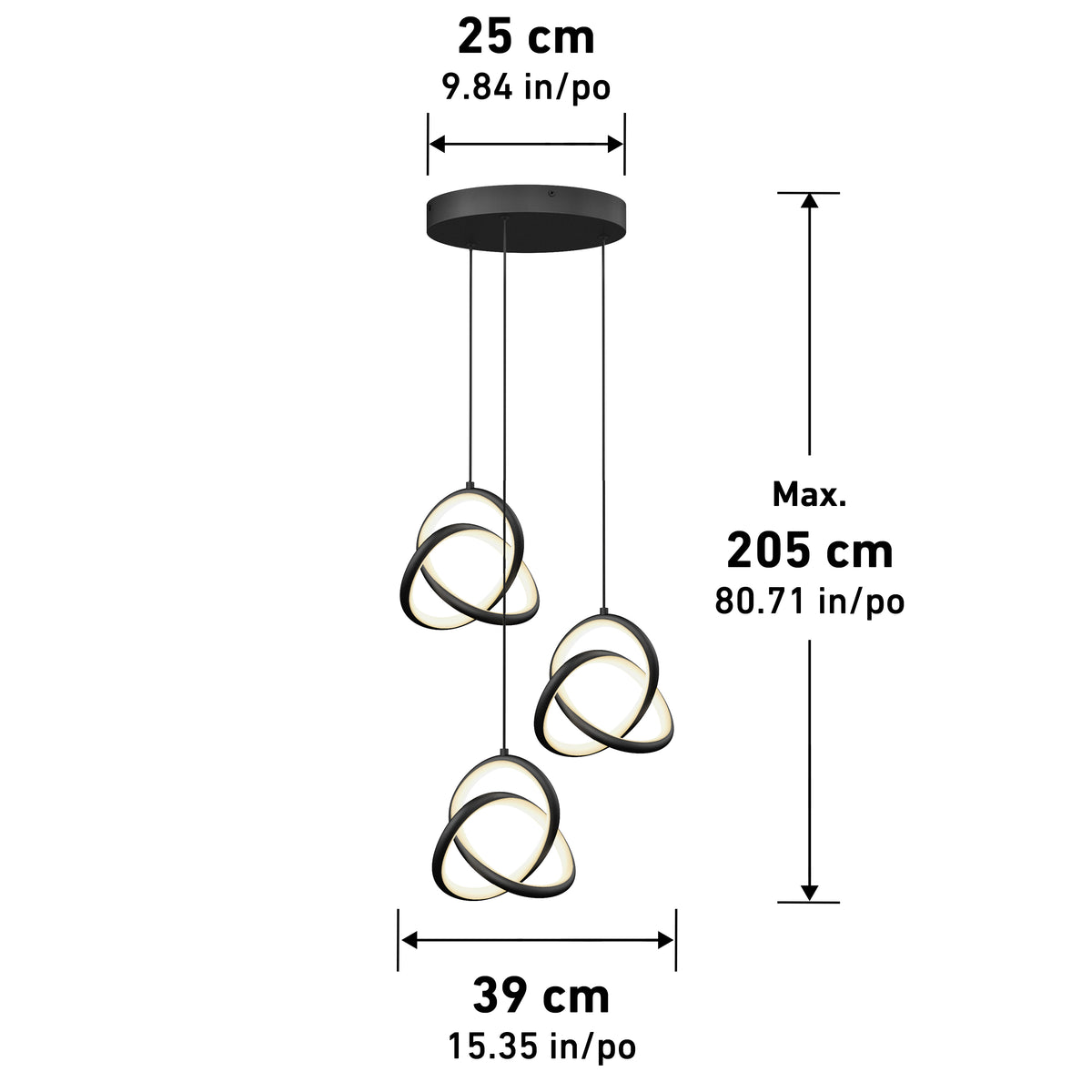 Modern black ceiling light fixture with three interlocking ring-shaped pendants. Dimensions: 25 cm wide ceiling plate, pendant drop up to 205 cm, and overall width 39 cm. Measurements shown in cm and inches.