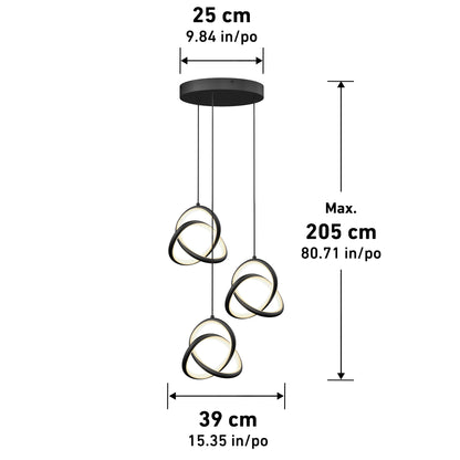 The Artika Zephyr 3-light LED pendant features three ring pendants with integrated LEDs suspended from a round black base. Dimensions: 25 cm wide, 39 cm long, and an adjustable height up to 205 cm.