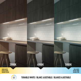 The Artika Maestro under cabinet LED light 3CCT is shown in a kitchen with tunable white light—warm white (3000K), neutral white (4000K), and cool white (5000K)—highlighting its versatile color temperature options.