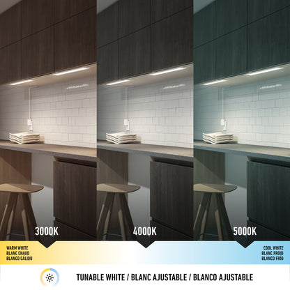The Artika Maestro under cabinet LED light 3CCT is shown in a kitchen with tunable white light—warm white (3000K), neutral white (4000K), and cool white (5000K)—highlighting its versatile color temperature options.