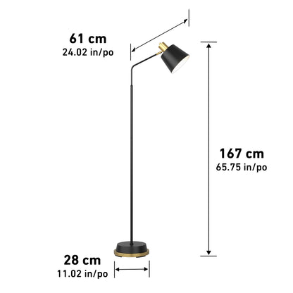 The Artika Alton LED modern floor lamp features a black finish with gold accents and a round 28 cm base. It stands 167 cm tall, with a 61 cm distance from the pole to the lamp head.
