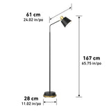 Black floor lamp with a round base, an angled stand, and an adjustable cone-shaped shade. The lamp measures 167 cm tall, 61 cm wide at the top, and the base is 28 cm wide. Measurements shown in cm and inches.