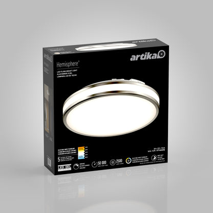 A black box displays the Artika Hemisphere 15 in. LED flush mount light 5 CCT, a bathroom fixture offering 25W power, 2500 lumens, adjustable brightness, dimmable function, 50,000-hour lifespan, and a 5-year warranty.