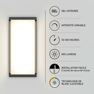 Artika Faro modern LED indoor-outdoor wall light 3 CCT: rectangular, dimmable, 800 lumens, 50,000-hour lifespan, and adjustable white color.