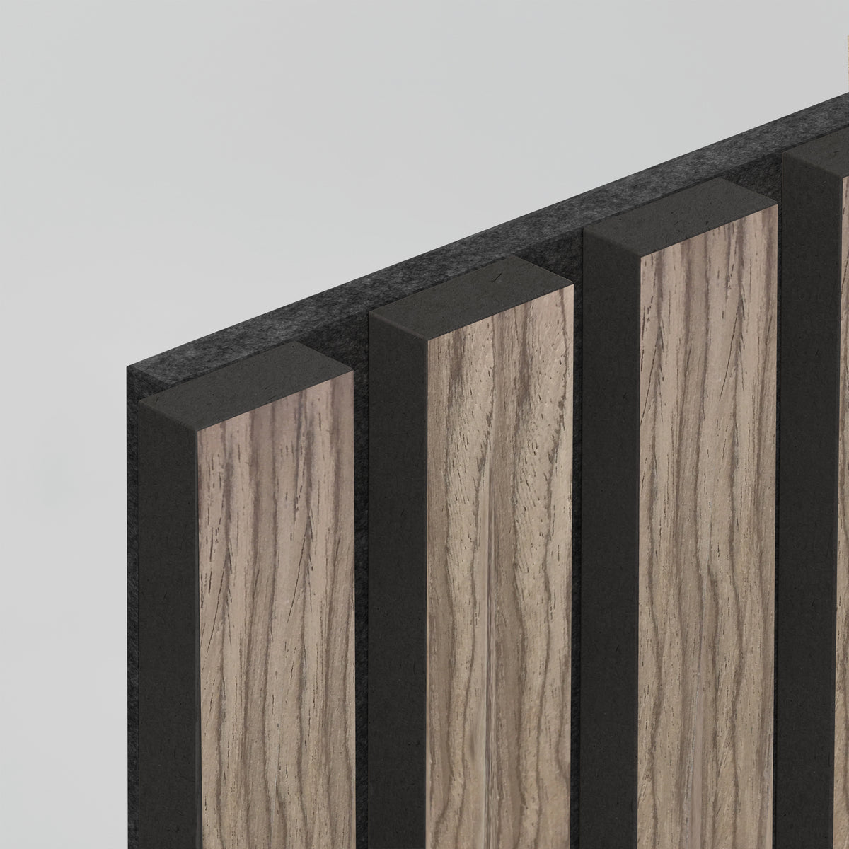A close-up of a panel with alternating vertical strips of light wood grain and black material, viewed at an angle against a plain light background.