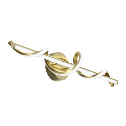 The Artika Coda modern LED bathroom vanity light 5 CCT features a circular base, a central horizontal white light tube, and two elegant gold spiral accents for a stylish touch.