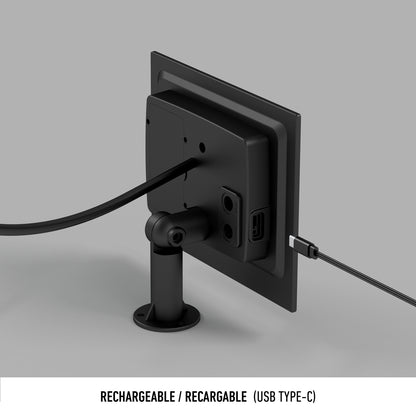 An Artika Blaze 20 LED Outdoor Solar String Lights unit is mounted on a stand, with a USB Type-C cable connected. The background is gray. Below, the text reads: RECHARGEABLE / RECARGABLE (USB TYPE-C).