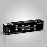 A black and gray box displays a four-light LED vanity fixture by Artika, called Misti. The packaging shows images of the light, product features, and specifications against a light gray background.