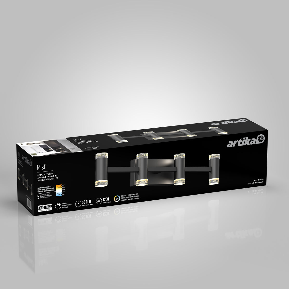 Rectangular box for the Artika Mist modern LED bathroom vanity light 5 CCT, showing a four-light black fixture with crystal-like glass shades on a black background, with product specs and branding visible.