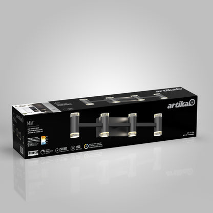 Box of an Artika Mist modern LED bathroom vanity light 5 CCT, featuring a black finish with four lights. Packaging showcases adjustable color temperatures, energy efficiency, and a long-lasting 50,000-hour lifespan.
