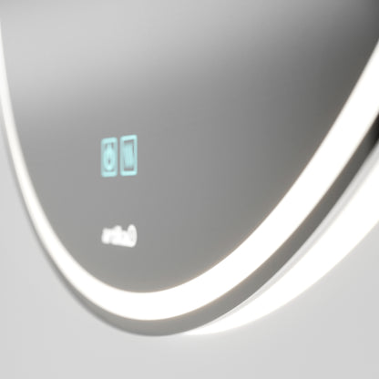 A close-up of the Artika Mateo 28 in. LED mirror with 3 CCT options and a built-in defogger, featuring an illuminated edge and digital icons on its surface, set against a plain background.