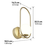 Gold wall sconce light fixture with a round base, oval loop design, and a globe bulb. Dimensions shown: 16.5 cm wide, 18.5 cm deep, and 32.5 cm tall, with inch equivalents listed beside.