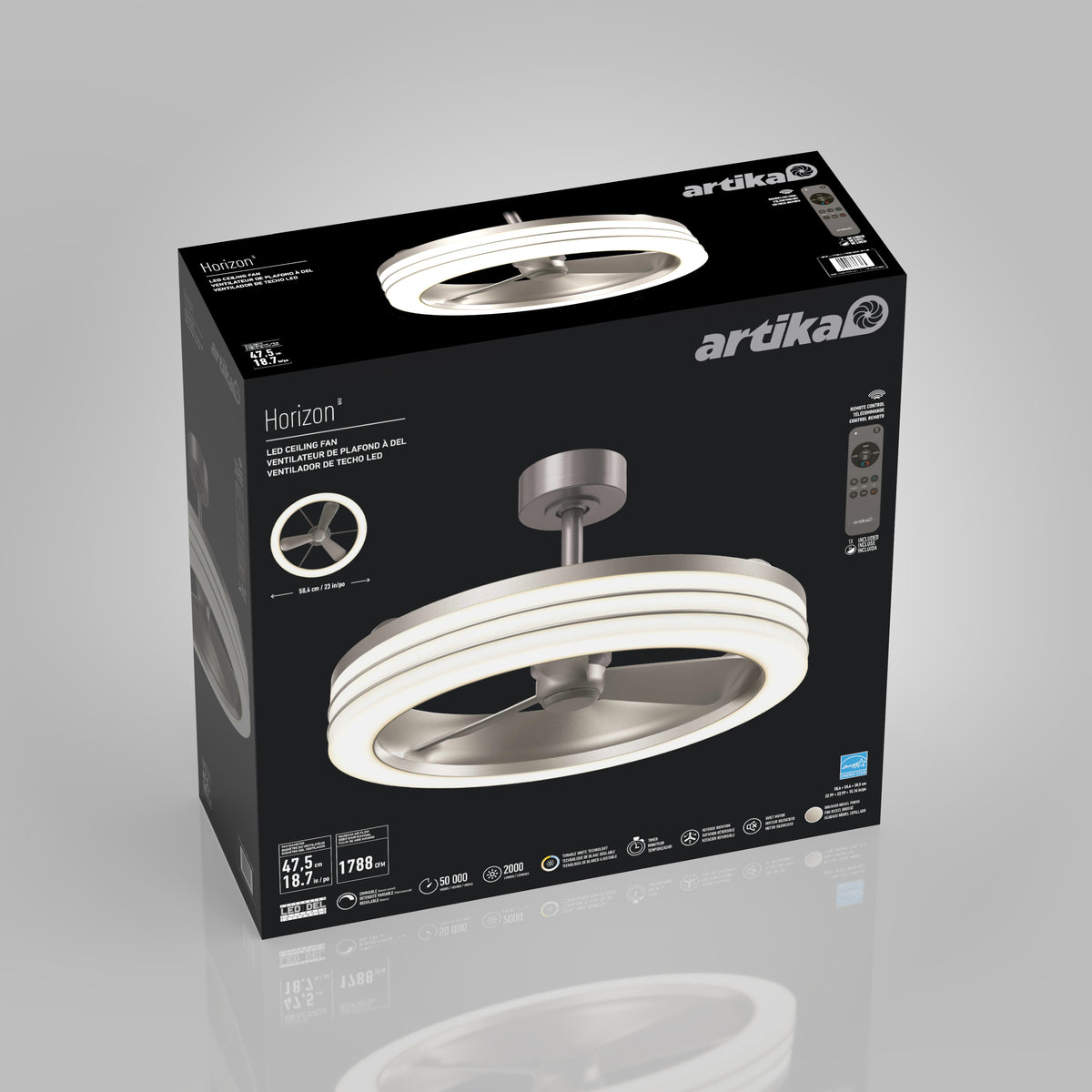 A black box of an Artika Horizon LED ceiling fan with a modern circular design is displayed, featuring product images, specifications, and branding on the packaging against a gray background.