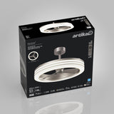 A black box of an Artika Horizon LED ceiling fan with a modern circular design is displayed, featuring product images, specifications, and branding on the packaging against a gray background.