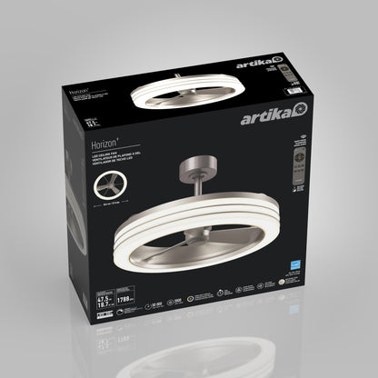 Box of the Artika Horizon 23 in. LED modern ceiling fan, with 3 speeds and remote, displays the product image, specs, and features on a black background with silver and white accents. The fan features a sleek ring design.