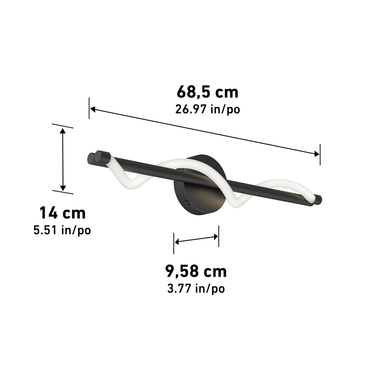 Modern black wall light with a wavy white LED design, measuring 68.5 cm (26.97 in) wide, 14 cm (5.51 in) high, and 9.58 cm (3.77 in) deep. Black arrows indicate each dimension.