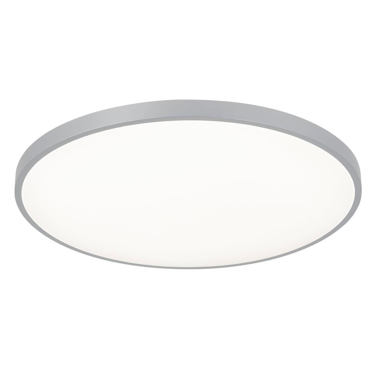 The Artika Jupiter 23 in. LED flush mount light features a white diffuser, slim silver frame, and remote dimming presets.