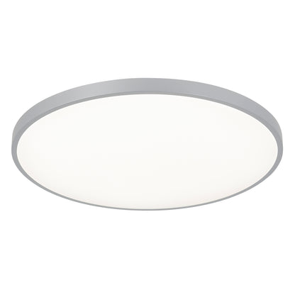 The Artika Jupiter 23 in. LED flush mount light features a round, modern design with a silver-gray rim, smooth white diffuser, and comes with a remote control.