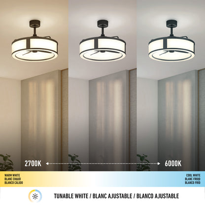 The Artika Huxley 23 in. LED modern ceiling fan (3 speeds) is shown with warm white (2700K), neutral white, and cool white (6000K) settings. A multilingual color temperature scale appears below in English, French, and Spanish.