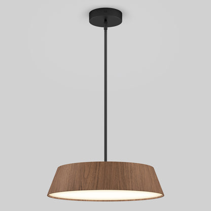 The Dunham LED Pendant 5 CCT by Artika features a ceiling-mounted black rod and a wide, brown wood-textured shade, emitting a soft white glow against a plain light gray background.