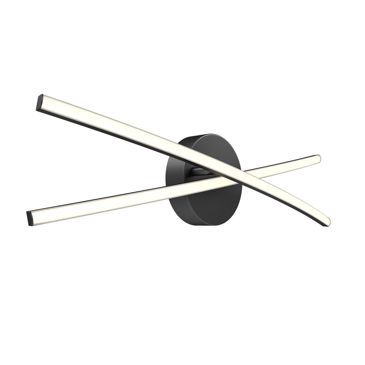 Modern wall sconce with a black circular base and two intersecting, curved LED light bars creating an abstract, minimalist design.
