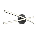 Modern wall sconce with a black circular base and two intersecting, curved LED light bars creating an abstract, minimalist design.