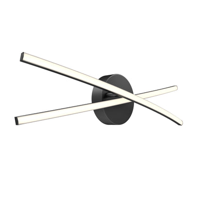 The Artika Orly modern LED bathroom vanity light 3 CCT features two curved, intersecting LED bars forming an X on a round black base, emitting soft white light—a sleek choice for contemporary spaces.
