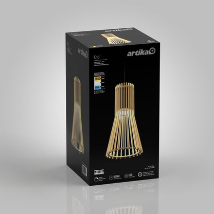 A black box showcases the Artika Kiyo modern LED pendant 3 CCT with a slatted wooden design, featuring product details, certifications, and an image of the hanging lamp on all visible sides.