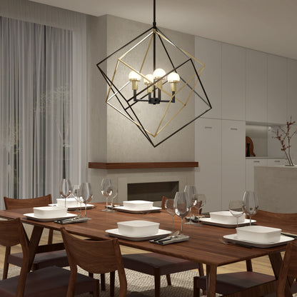 Modern dining room with a wooden table set for six, featuring square white plates and wine glasses. Above the table hangs the Artika Peyton LED modern mid-century pendant light with intersecting metal frames.