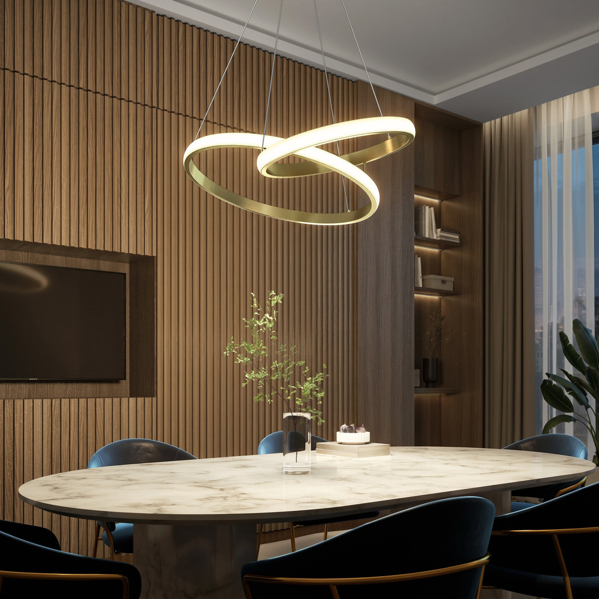 Modern dining room with a Mora 28″ LED Pendant by Artika, marble table, velvet chairs, and wood paneling.