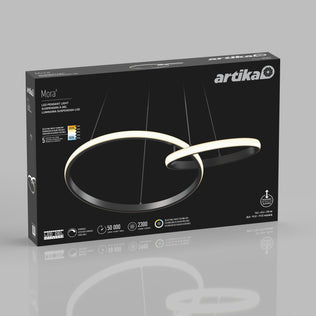 Artika Mora 28″ LED Pendant, 5CCT box shows dual ring lights on gray background.