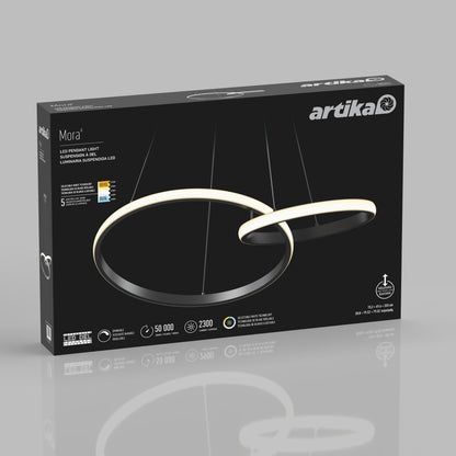 Artika Mora 28″ LED Pendant, 5CCT box shows dual ring lights on gray background.