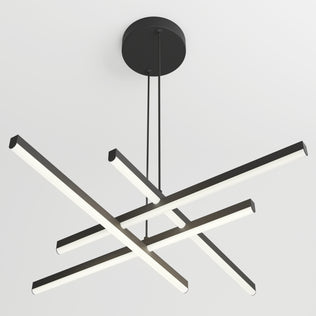 The Artika Grid LED pendant light features four intersecting linear LED bars suspended from a round black base, creating a minimalist and geometric look on any white ceiling.