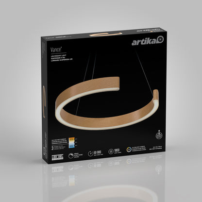 A black Artika box shows the Vance modern LED pendant light 3 CCT, a circular wooden fixture with 3 color temperatures, 1800 lumens, and a 50,000-hour lifespan featured on its packaging.