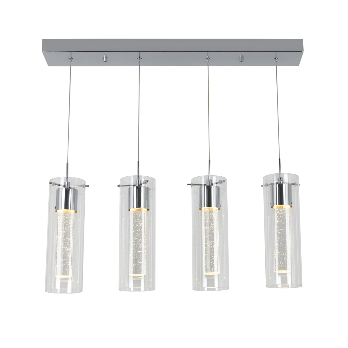 A modern rectangular ceiling light fixture with four cylindrical glass pendant lights, each suspended by a thin wire and featuring a chrome accent at the top.