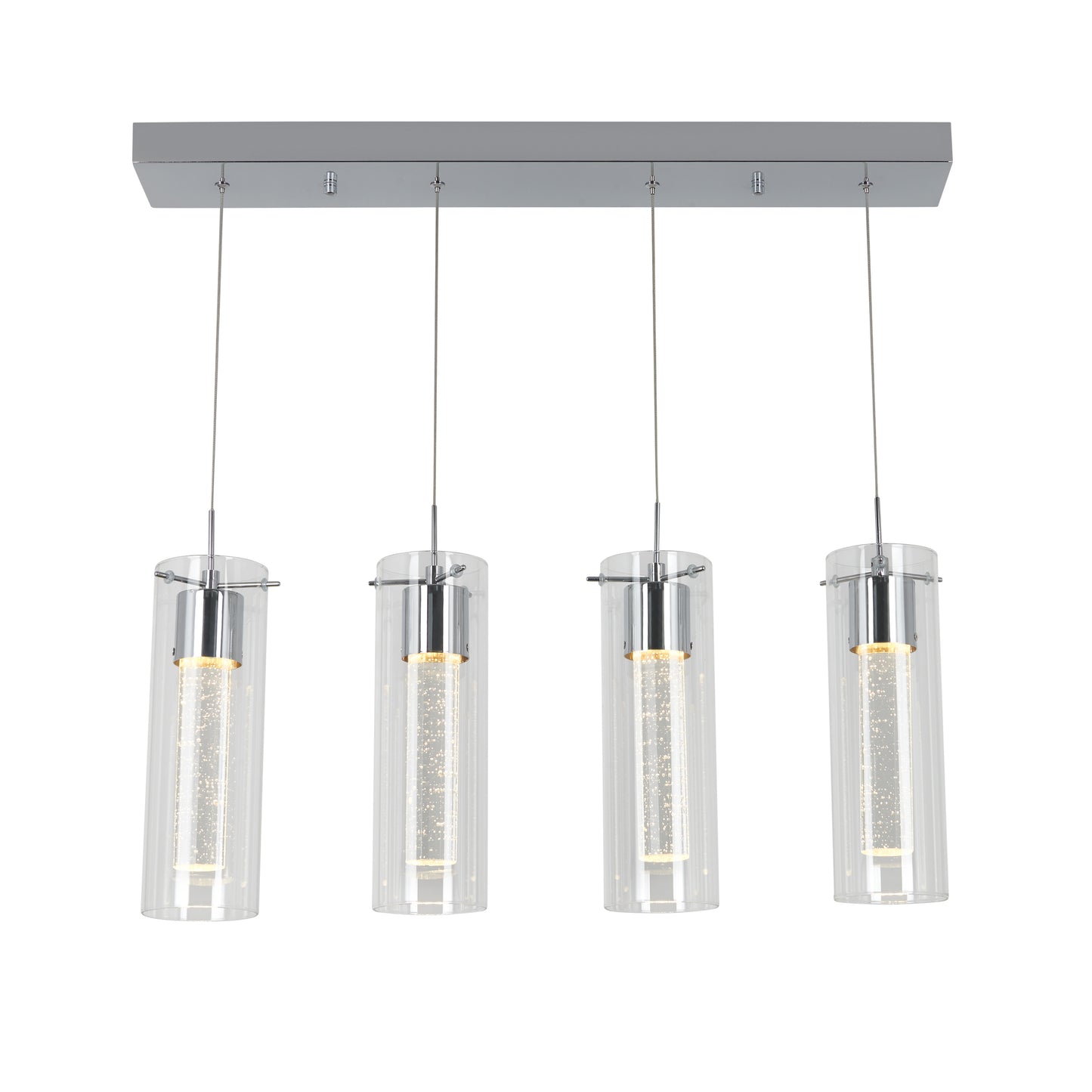 The Artika Essence 4-light LED pendant is a modern rectangular fixture featuring four hanging textured glass cylinders with visible LEDs, suspended by metallic silver cords and mount.