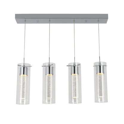 The Artika Essence 4-light LED pendant is a modern rectangular fixture featuring four hanging textured glass cylinders with visible LEDs, suspended by metallic silver cords and mount.