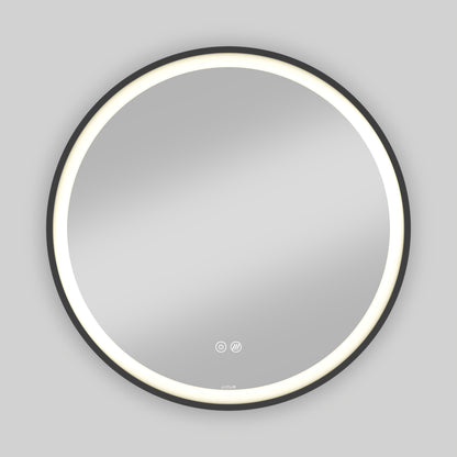 Artika Mateo 28 in. LED mirror with 3 CCT, defogger, and glowing edge shown on a plain gray background.