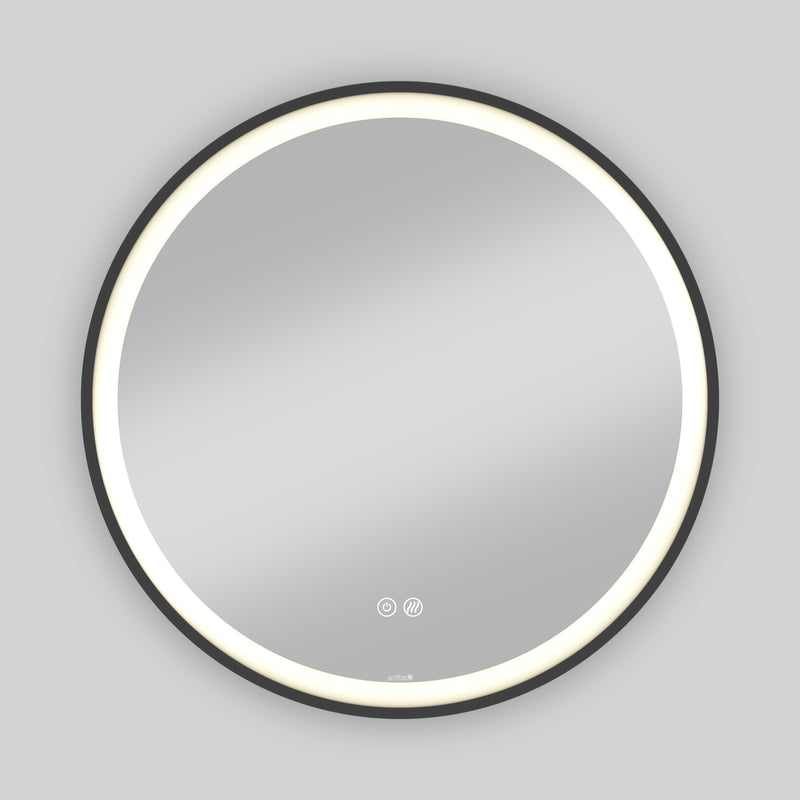 Artika Mateo 28 in. LED mirror with 3 CCT, defogger, and glowing edge shown on a plain gray background.