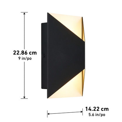 The Artika Tria LED indoor-outdoor wall light features a black finish with triangular cutouts and shines light from both ends. It measures 22.86 cm (9 in) tall and 14.22 cm (5.6 in) wide.