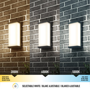 Three Artika Faro modern LED indoor-outdoor wall lights are mounted on brick walls, each set to a different CCT: warm white (3000K), neutral white (4000K), and cool white (5000K). A labeled color temperature scale is shown below.