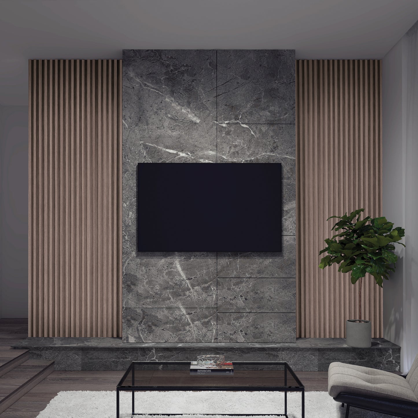 A modern living room features a large TV on a gray marble accent wall framed by Artikas Panolok 30.67 ft wall panel kit, pack of 8, with vertical wooden slats, a potted plant to the right, and a black glass coffee table on a white rug.