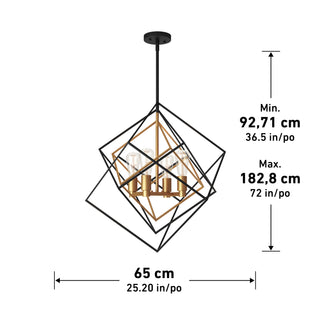 The Artika Harmonium modern mid-century pendant light features intersecting black and gold frames, six candle-style bulbs, and measures 65cm (25.6) wide with an adjustable height of 92.71–182.8cm (36.5–72).