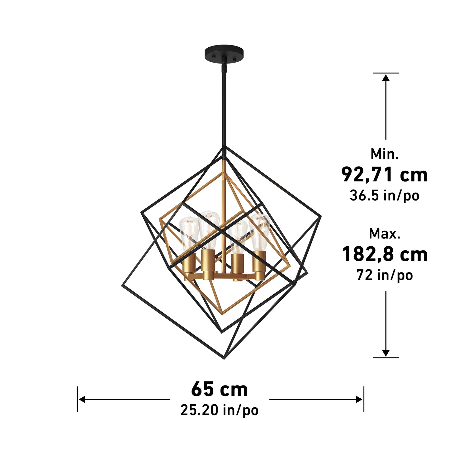 The Artika Harmonium modern mid-century pendant light features overlapping black and gold frames with candle-style lights. Height adjusts from 92.71 cm to 182.8 cm; width is 65 cm. Measurements are shown with arrows.
