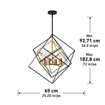 The Artika Harmonium modern mid-century pendant light features overlapping black and gold frames with candle-style lights. Height adjusts from 92.71 cm to 182.8 cm; width is 65 cm. Measurements are shown with arrows.